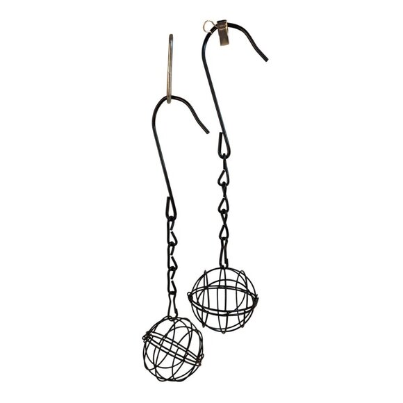 Black Metal Hanging Sphere Plant Holders Bird Feeders With Hook Design Set of 2, - Picture 3 of 9